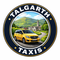 TTLogo A round logo with "Talgarth Taxis" in white on a navy border with gold stars. In the centre, a yellow taxi labelled "Reliable Taxi" drives on a rural road past green hills, homes, and a church steeple under a blue sky.