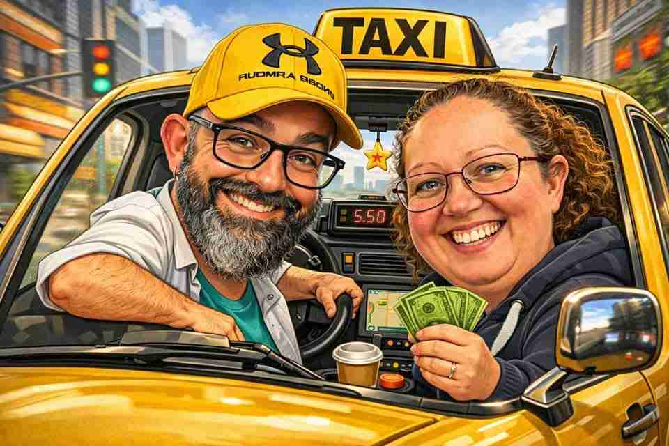 A cartoon-style image of a grinning bearded taxi driver in a yellow cap and a smiling woman holding cash, both sitting in a yellow taxi cab with a city background, traffic lights, and a fare meter reading £5.50. A cartoon-style image of a grinning bearded taxi driver in a yellow cap and a smiling woman holding cash, both sitting in a yellow taxi cab with a city background, traffic lights, and a fare meter reading £5.50.